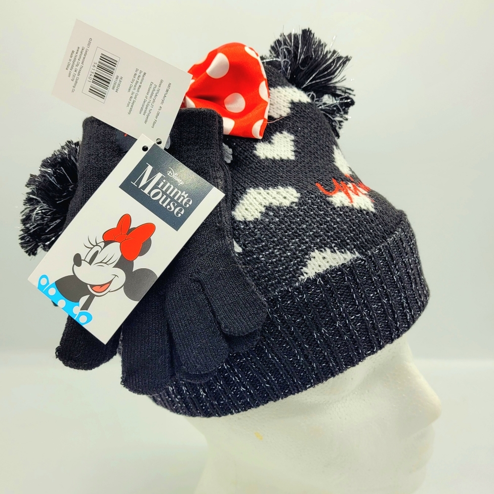 COPY - Disney Minnie Mouse NEW Kids Beanie & Gloves Set OSFM Black & Red -Pom A…